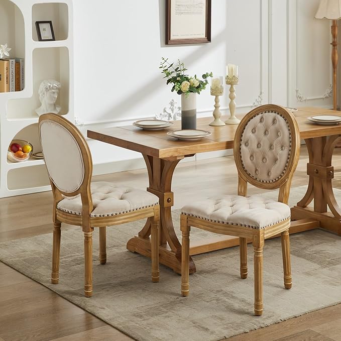 Vintage French Dining Chairs Set of 8, Round Back Velvet Upholstered Accent Chairs with Nailhead Trim and Solid Wood Frame, Elegant Sillas de Comedor for Dining Room & Kitchen, Beige