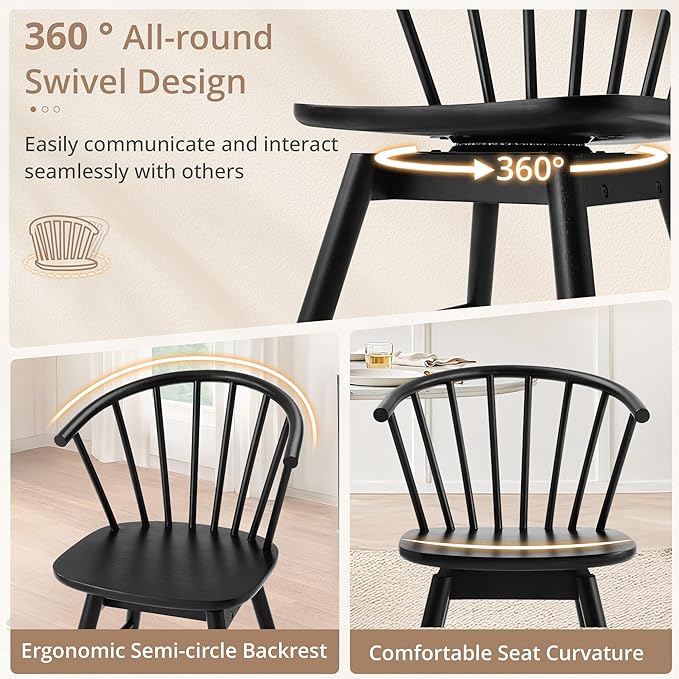 LUE BONA Black Dining Chairs Set of 8, Swivel Windsor Wood Dining Chairs with Semicircular Backrest, Spindle Dining Chair for Kitchen and Dining Room, 18 Inch