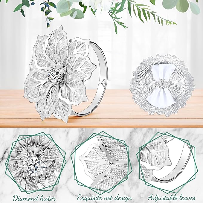 Dandat 48 Pcs Charger Plate Bulk 13'' Floral Reef Plates with Napkin Ring Plastic Dinner Charger Hollow Out Flower Napkin Holder Plastic Plate for Table Setting Wedding Party (Silver)