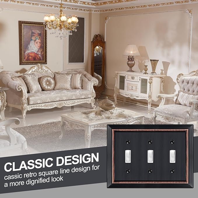 Metal Wall Plate for Electrical Outlets, Decorative Aged Bronze Switch Plates Outlet Cover, Light Switch Cover Plate, 3-Gang Wall Plates (Triple Toggle, 1 Pack)