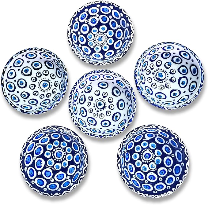 Handmade Decorative Turkish Ceramic Mini Pinch Bowls Set of 6 – Small Dipping & Serving Sauce Bowls, Charcuterie Accessories, Hand-Painted Evil Eye Pattern Snack Dishes for Kitchen & Table Decor