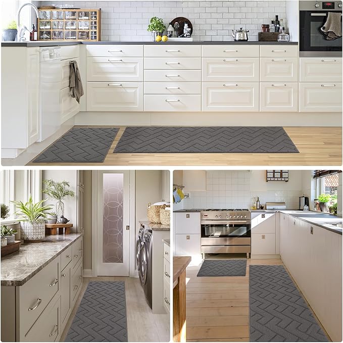 hicorfe Kitchen Rugs and Mats Sets,Non-Slip 2 Pieces Absorbent 100% Polypropylene Rug,Comfort Kitchen Runner Mat,Washable for Kitchen,Sink,Laundry(20" x 48" Plus 20" x 59",Grey)