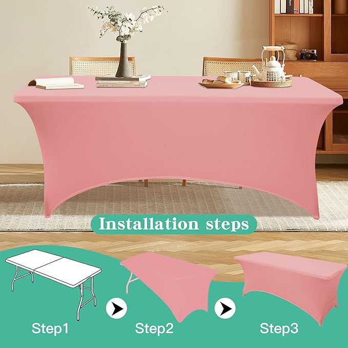 8FT Table Cloth for Rectangular Fitted Events Stretch Pink Table Covers Washable Spandex Tablecloth Protector for Party, Wedding, Cocktail, Banquet, Festival