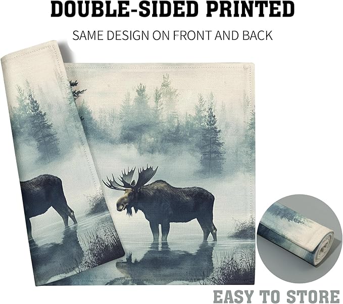 Fall Placemats Set of 4 - Moose Place Mat 12x18 Inch Autumn Forest Placemats Wildlife Table Mat for Party Kitchen