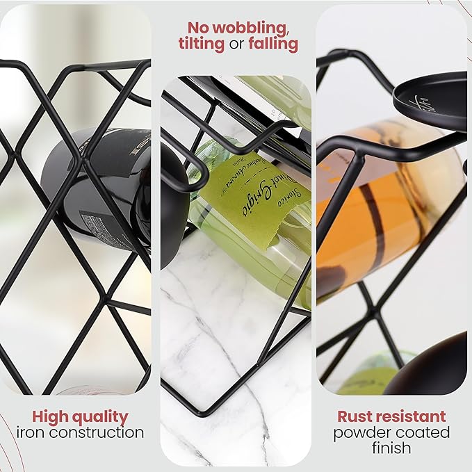 Gusto Nostro Small Wine Racks Countertop Storage for 8 Bottles & 4 Glasses - Countertop Wine Rack with Glass Holder, Modern Tabletop Black Wine Rack, Wine Holder Stand for Kitchen Cabinet Wine Cellar