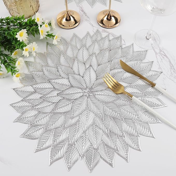 Placemats Set of 8, Round Hollow Out Flowers Place Mats for Dining Table Pressed Vinyl Blooming Leaf Table Mats for Holiday Party Wedding Accent Centerpiece Dinner Table Decoration (Silver)