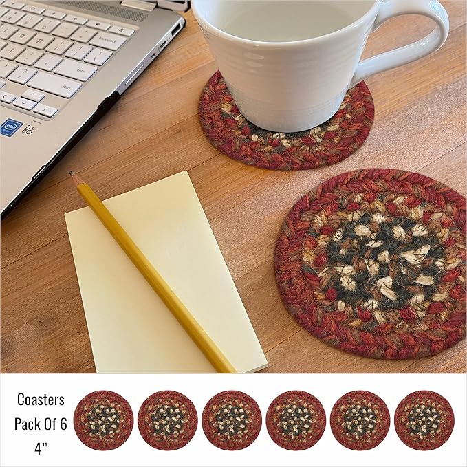 Homespice Chester Jute Braided Cabin Coasters 4", Warm Lodge and Cabin Decor, Set of 6, Red - Durable, Absorbs Moisture, Easy to Clean and Protects Furniture