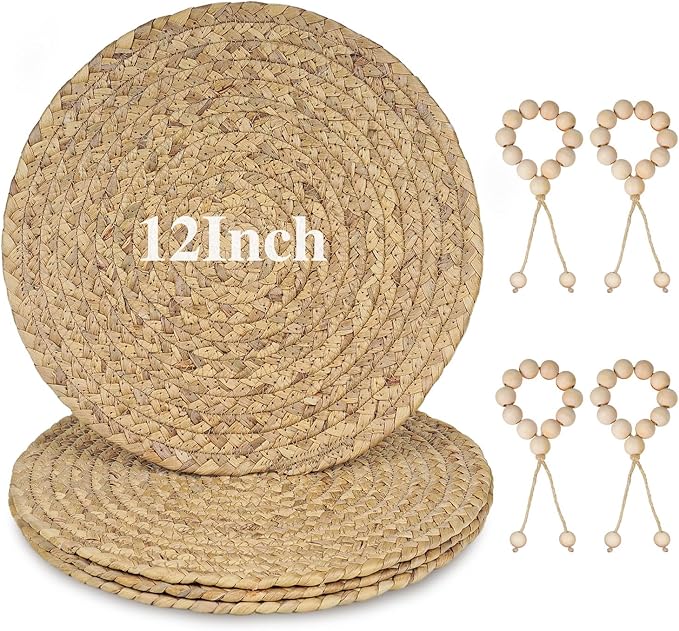 12” Woven Round Placemats Set of 4, Natural Water Hyacinth Braided Table Mats with 4 Wood Bead Napkin Rings, Washable Boho Farmhouse Rattan Place Mats for Home, Outdoor, Table Decor, Dinning, Wedding