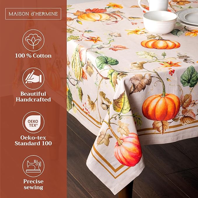 Maison d' Hermine Table Cloth Rectangle Table 100% Cotton 70 x 90 Inches Fall Tablecloth Reusable Everyday Use for Thanksgiving Christmas Decorations Dining Farmhouse Party (Potiron)