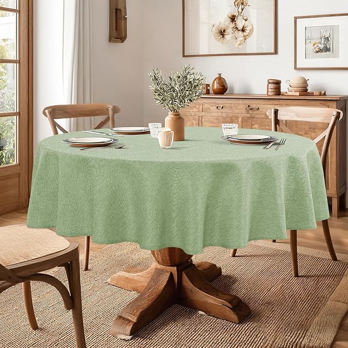 JIUZHEN Round Table Cloth Faux Linen Farmhouse Tablecloth Wrinkle and Stain Resistant Decorative Fabric Table Cover for Kitchen, Dining Room, Parties and Camping, Sage Green, 90 Inch Round