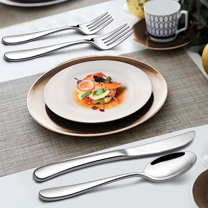 46-Piece Heavy Duty Silverware Set of 8, LIANYU Stainless Steel Flatware Set with Serving Utensils, Thick Cutlery Eating Utensils Include Fork Knife Spoon, Mirror Finished, Dishwasher Safe