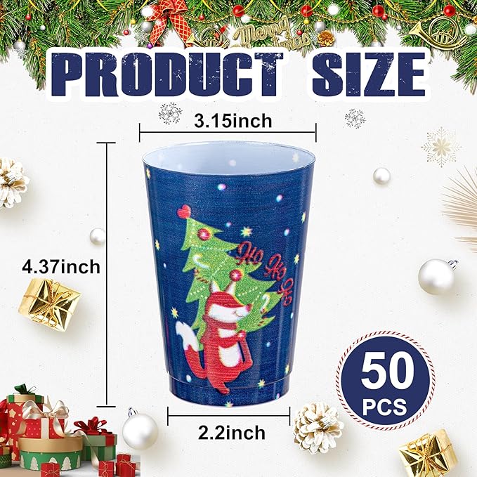 I00000 50Pcs 12oz Christmas Tree Design Christmas Plastic Cups, Premium Disposable Cups Cocktail Cup, Dark Blue Xmas Party Cup with Red Fox Design Pattern Design, Perfect for Xmas Party