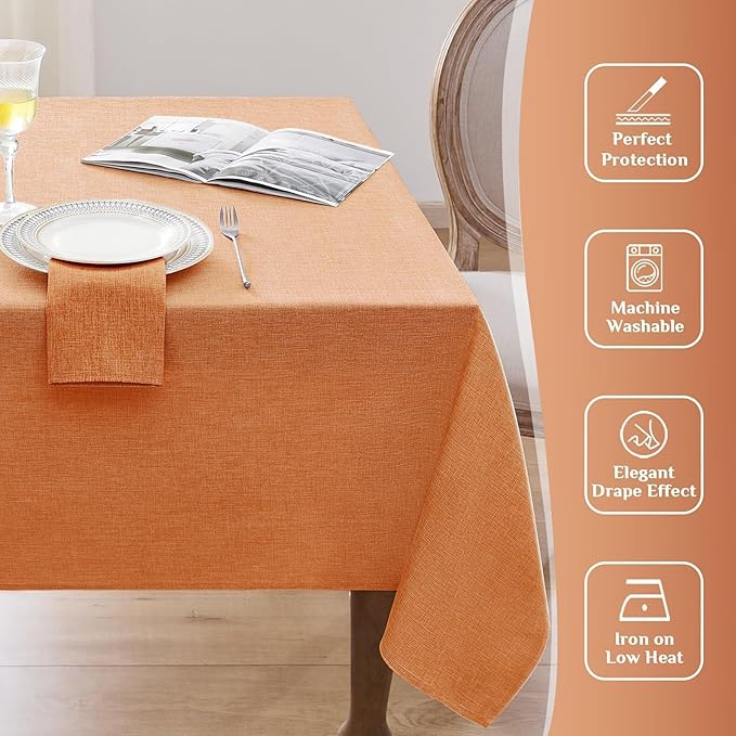 Softalker Extra Lang Table Cloth for 6/8 Foot Rectangle Table 60x120 inch Orang Faux Linen Tablecloth Outdoor Waterproof Stain and Wrinkle Resistant Table Cover for Fall Garden Party Decor Tabletop