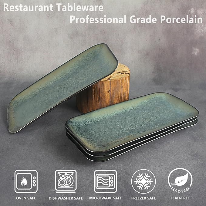 Serving Platters Set of 4, Rectangular Serving Plates, Serving Trays for Entertaining Party, Microwave,Oven,Dishwasher Safe,Kitchen Dinnerware, Blue reactive glaze 12.7 Inch