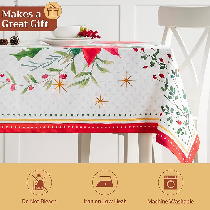 Maison d' Hermine Table Cloth Rectangle Table 100% Cotton 60 x 120 Inches Fall Tablecloth Reusable Everyday Use for Thanksgiving Christmas Decorations Dining Farmhouse Party (Poinsettia Christmas)