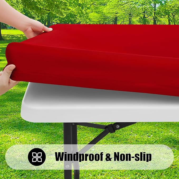 Smiry Rectangle Picnic Table Cloth, Waterproof Elastic Fitted Tablecloths for 8 Foot Tables, Washable Polyester Table Cover for Camping, Indoor and Outdoor (Red, 36"x96")