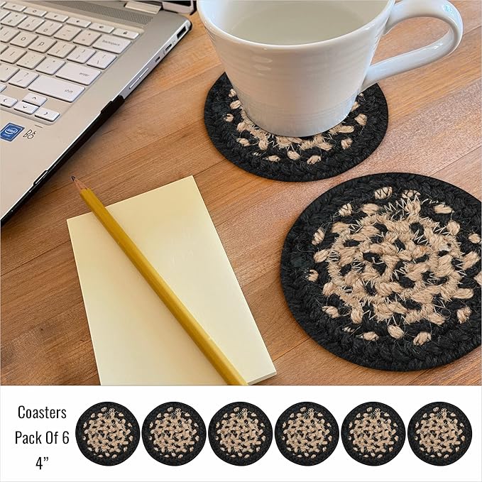 Homespice Manchester Jute Braided Rope Coasters 4", Country Primitive Decor, Set of 6, Black and Tan - Durable, Absorbs Moisture, Easy to Clean and Protects Furniture