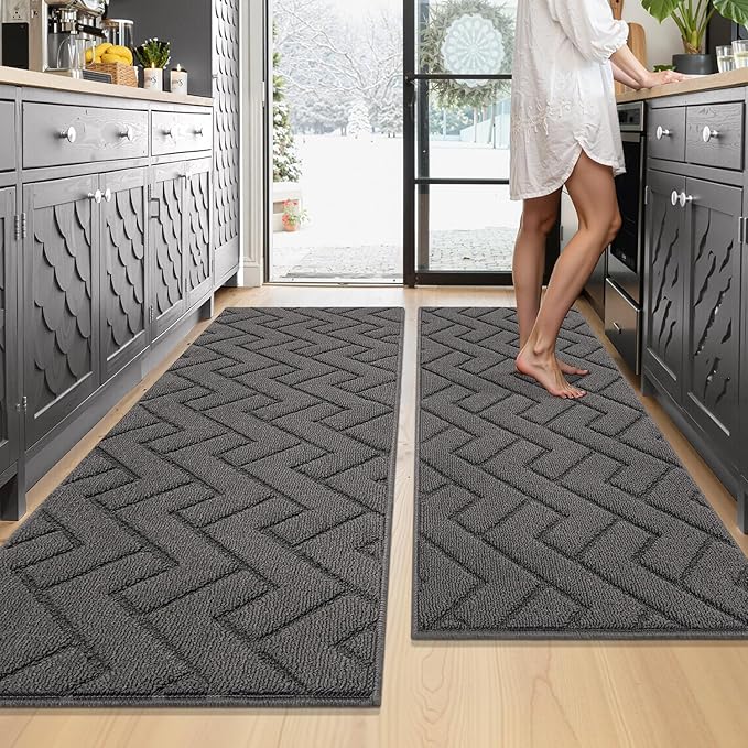 hicorfe Kitchen Rugs and Mats Sets,Non-Slip 2 Pieces Absorbent 100% Polypropylene Rug,Comfort Kitchen Runner Mat,Washable for Kitchen,Sink,Laundry(20" x 48" Plus 20" x 59",Grey)