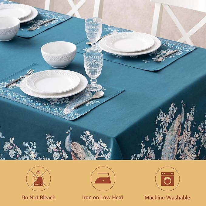 Maison d' Hermine Premium Table Cloth Rectangle Table 100% Combed Cotton 108 x 70 Inches Tablecloth Reusable Decorative for Dining Room, Farmhouse, Party, Festive & Wedding - Peacock Utopia - Deep Sea