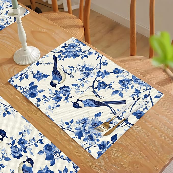 Flower Bird Placemats Set of 6, Blue Birds Place Mats,Blue and White Floral Waterproof Washable Table Mats for Home Party Indoor Kitchen Dining Table Decoration 12x18 Inch