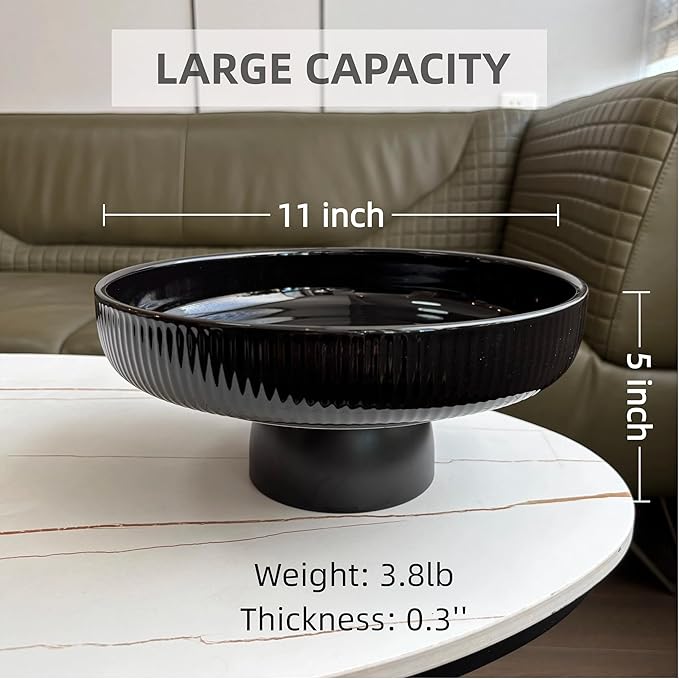 Ceramic Fruit Bowl,11" Black Fruit Bowl for Kitchen Counter, Pedestal Bowl, Kitchen Counter Décor, Key Holder Bowl, Extra Large (Black)