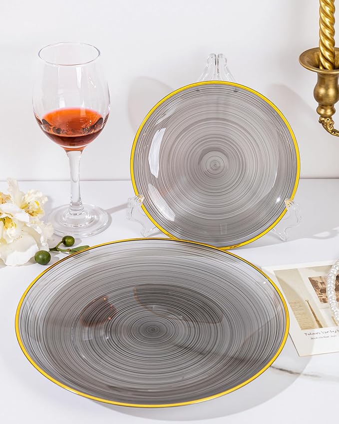 Morejoy 100Pcs Black Plastic Plates,Black Disposable Plates With Gold Rim,Heavy-duty Gold Plate, Modern swirl design Plate Include 50Clear Dessert-plates,50Dinner-plates for Party,New Year