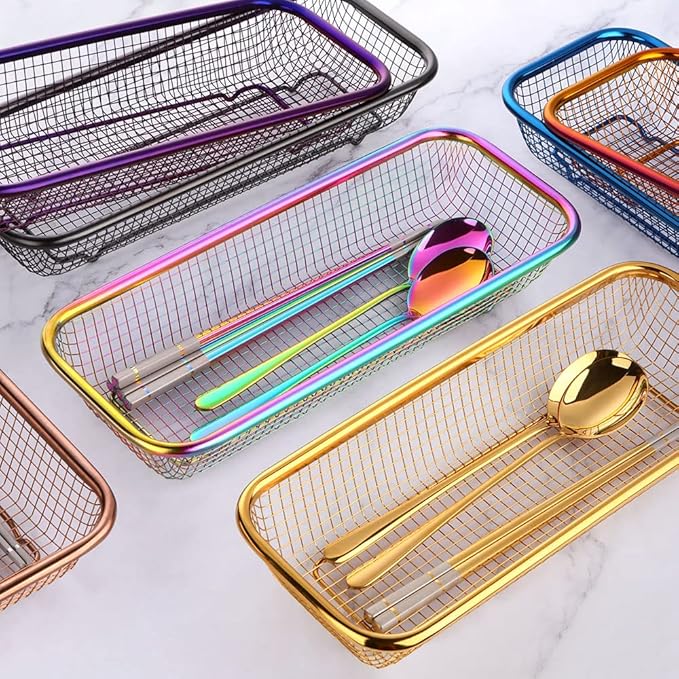 Silverware Drawer Organizer, Rainbow Mesh Kitchen Drawer Organizers, Iridescent Stackable Storage Basket Metal Utensil Holder for Flatware, 12.5"x5"x2.5", Pack of 2