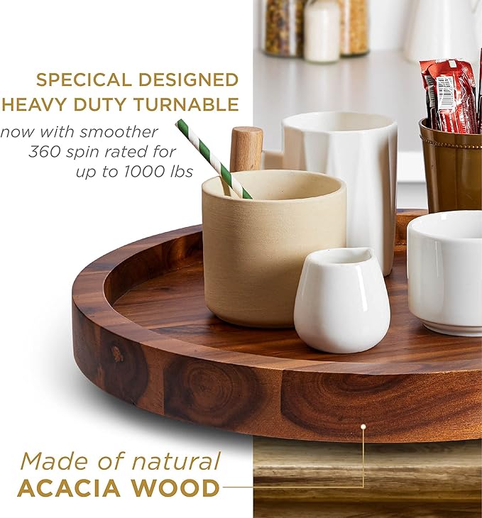 16" Acacia Wood Lazy Susan for Table Top - Wooden Turntable Serving Tray for Charcuterie Boards Cheese Board - Extra Large Black Round Lazy Susan Organizer - Kitchen Revolution for Cabinet