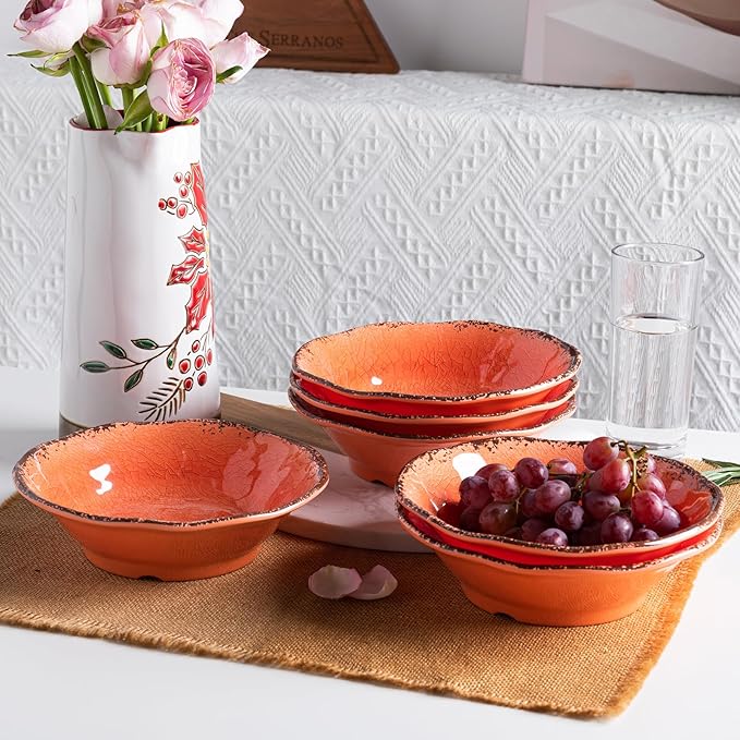 LEHAHA Melamine Vintage Cereal Bowl Set, 7”x 2”, Orange BPA free Melamine Bowls Set of 6, Unbreakable Bowls for Cereal, Soup, Rice, Salad and Snacks, Dishwasher Safe