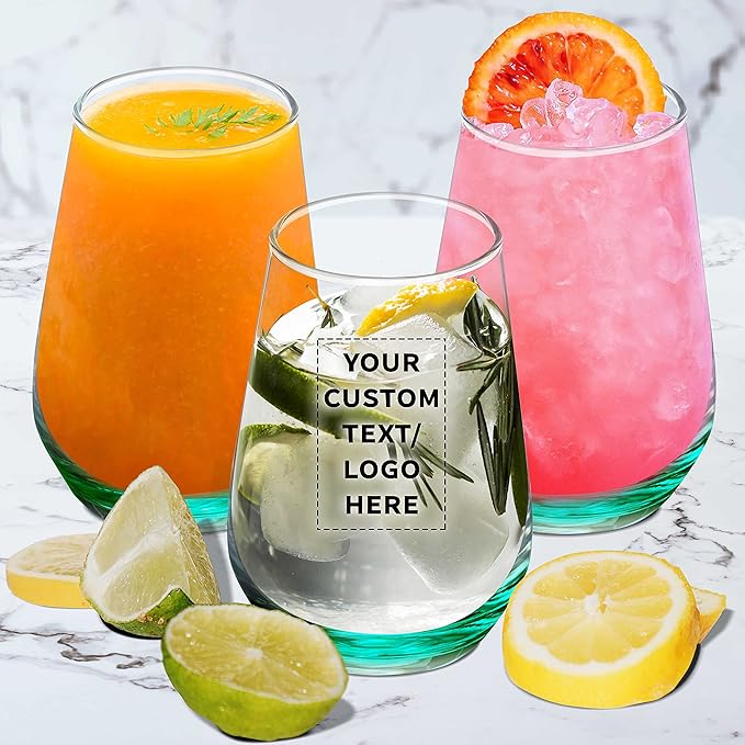 DISCOUNT PROMOS 100 Vaso Silicia Stemless Wine Glasses Set, 16 oz. - Personalized Text, Logo - Clear, Orb-Like, Thick base - Green