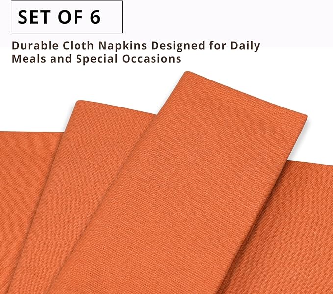 PurpleEssences Set of 6 Cloth Dinner Napkins 100% Cotton 18x18 Inch - Soft Durable Washable - Ideal for Farmhouse Party Christmas Holiday Winter - Perfect Everyday Use Table Linen - Orange