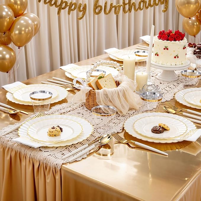 Ciaell 175 PCS Ivory Scalloped Plastic Plates - Gold Disposable Plates Fancy High-end Dinnerware Sets for Wedding & Party (25 Guests)