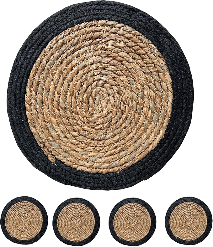 ANDSTAR Round Woven Placemats Set of 4, 12"x12", Natural Wicker Placemats, Water Hyacinth Straw Braided Placemats,Boho Place Mats for Farmhouse, Rustic Table (Water Hyacinth + Black Cotton Rope)