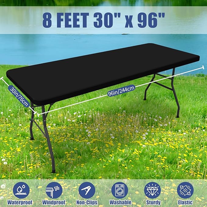 Spandex 8 Foot Rectangle Table Cloth 2 Pack, Elastic Fitted Tablecloths for Picnic, Stretch Washable Patio Table Cover for Outdoor, Camping, Banquet and Parties (Black, 30"x96")