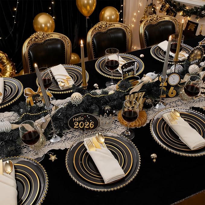 350 Pieces Black and Gold Plastic Plates with Disposable Silverware, Include 50 Dinner Plates 9”, 50 Dessert Plates 6.3”, 50 Black Cups 9 OZ, 50 Pre Rolled Napkins for Birthday Weddding Party