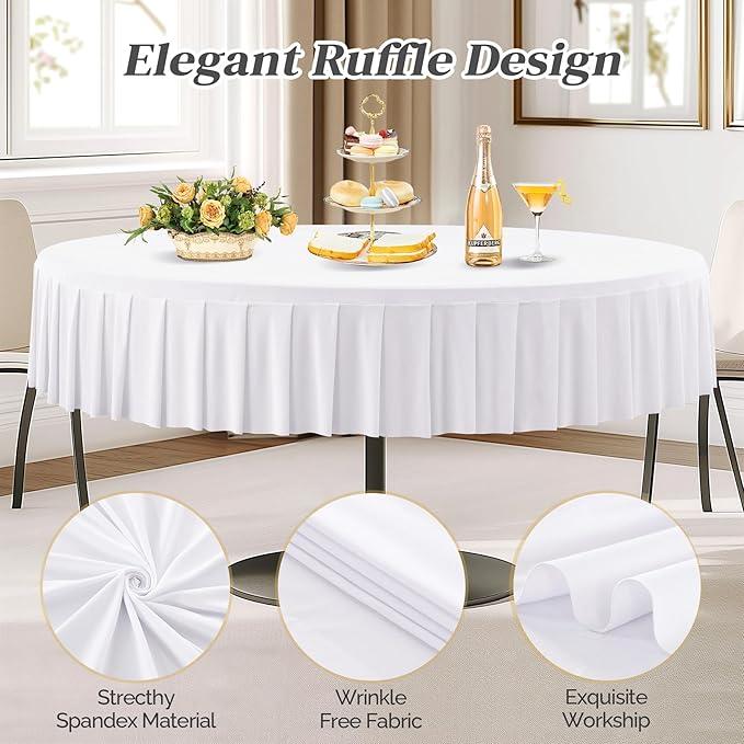 6 Pack White Spandex Round Tablecloths for 60 inch Tables, Stretchy Fitted 5FT Round Table Cloths,Wrinkle Free Table Cover with Skirt for Wedding Party Dining Banquet Baby Shower