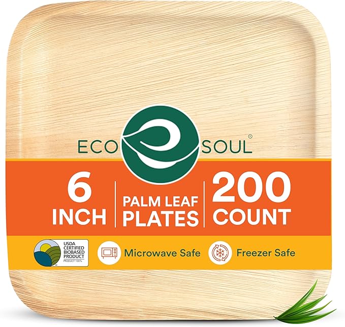 ECO SOUL Palm Leaf Plates 6" Square (200 Count) - Disposable, Eco-Friendly, Biodegradable Bamboo Appetizer Plates - Perfect Dinnerware for Parties, Weddings, Events & Holidays