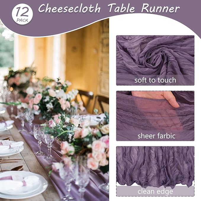 Fivenl 12 Pack Grape Cheesecloth Boho Gauze Table Runner 35x72 Inch Rustic Elegant Long Table Runner Wedding Bridal Shower Birthday Party Table Decor