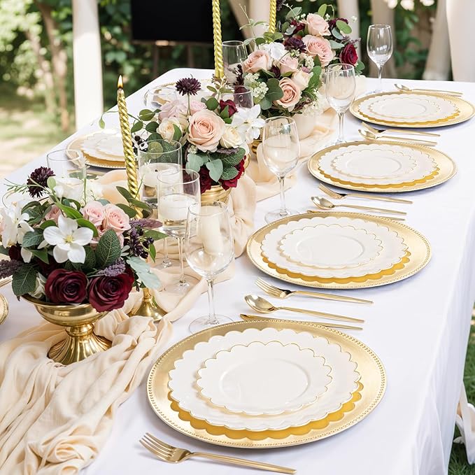 LIYH 24 Pcs Plastic Round Charger Plates 13'' Gold Charger Plates Chargers for Dinner Plate Great for Table Setting Wedding Party Decoration