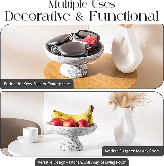 Decorative Marble Bowl with Anti-Slip Pads, Large Countertop Centerpiece and Modern Catch All Bowl for Entryway Keys - Elegant Large Fruit Bowl, White, ~10"