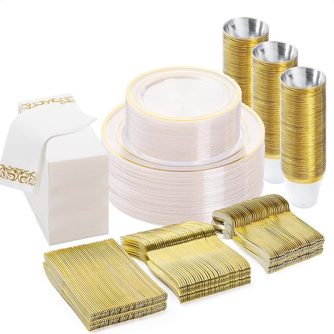 BESTVIP 350PCS Clear Gold Disposable Dinnerware Set for 50 Guests, Plastic Plates for Party, Wedding, Christmas, Include: 100 Plastic Plates, 50 Gold Silverware, 50 Cups, 50 Napkins