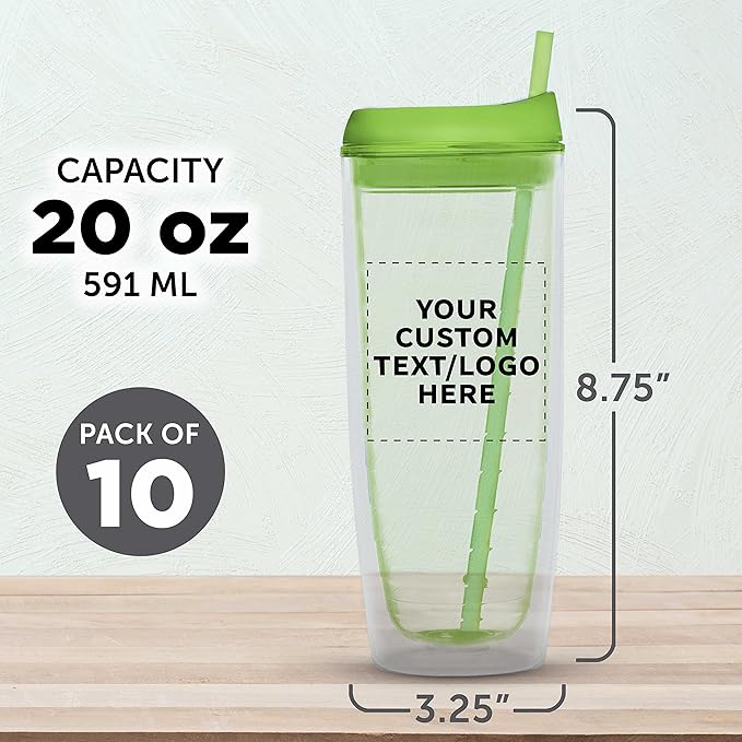 Custom Tall Orbit Acrylic Tumblers 20 oz. Set of 10, Personalized Bulk Pack - Perfect for Iced Coffee, Soda, Other Hot & Cold Beverages - Lime Green