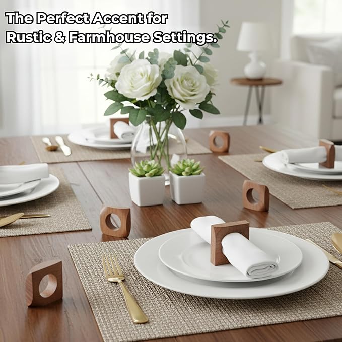 CLEENTABLE Wooden Napkin Rings Set of 12 Fall Decor for Home Square Acacia Wood Napkin Holders for Dining Table Settings Wood Napkin Ring Rustic Table Décor for Weddings, Parties, and Everyday Use