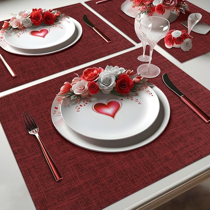 Red Placemats Set of 8, Washable Dining Table Mats Cloth Place Mats, Elegant Placemats for Valentines Day Holiday, Heat Resistant Kitchen Burgundy Place Mats, Easy to Clean(Burgundy)