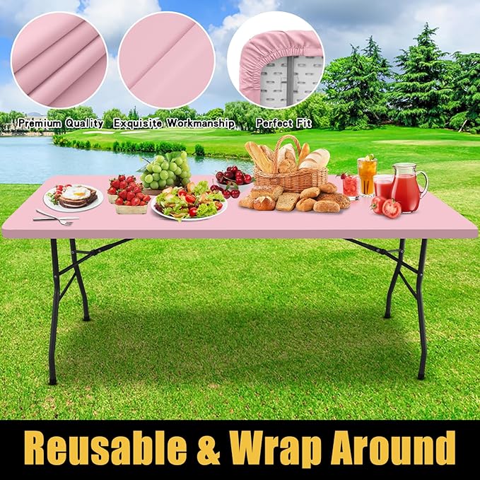 Smiry Rectangle Picnic Table Cloth, Waterproof Elastic Fitted Tablecloths for 4 Foot Tables, Washable Polyester Table Cover for Camping, Valentine's Day and Outdoor (Pink, 24"x48")