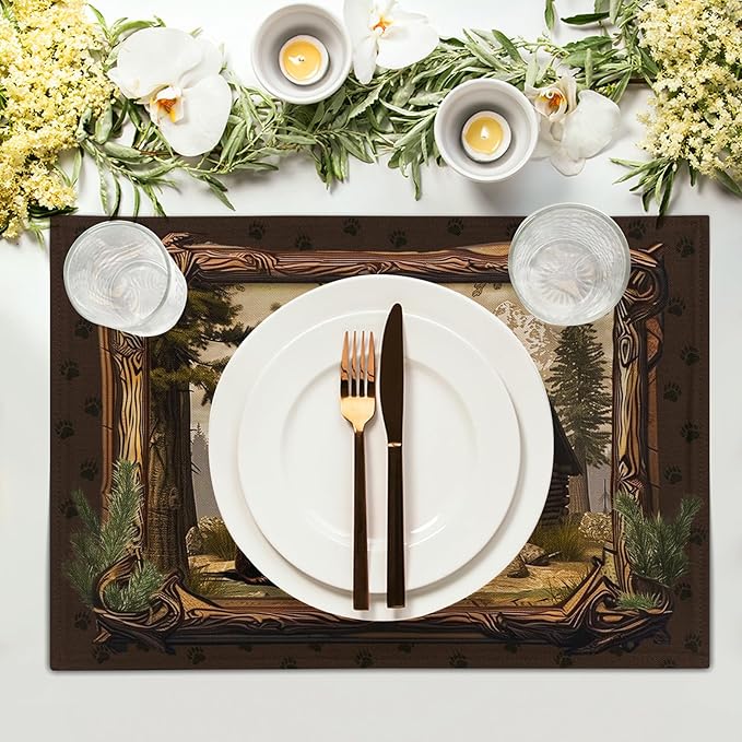 Bear Placemats Set of 4 - Lodge Cabin Place Mats 12x18 Inch Rustic Farmhouse Wild Animal Table Mats Country Woodland Kitchen Mats for Dining Table