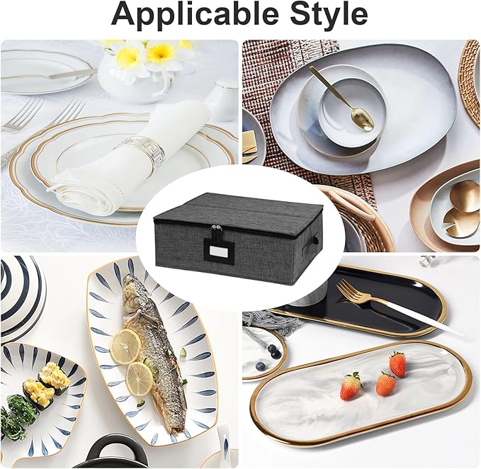 China Storage Containers 2 Pack, Platter Storage Containers 17" x 13" x 6" for Dinnerware Storage and Transport, 5 Felt Dividers Included, Structured Top and Stackable (Black)
