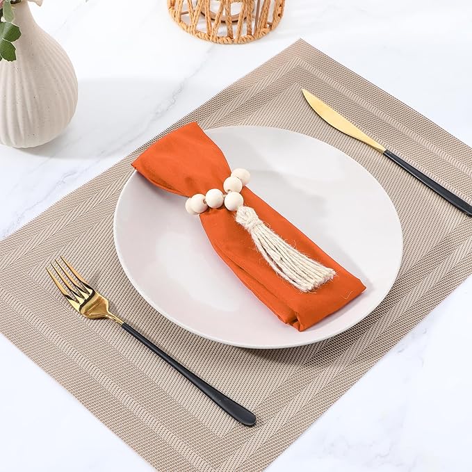 24 Pcs Wooden Bead Napkin Rings, Farmhouse Napkin Rings with Tassel Boho Napkins Ring for Dining Table,Wedding Decoration (Nature)
