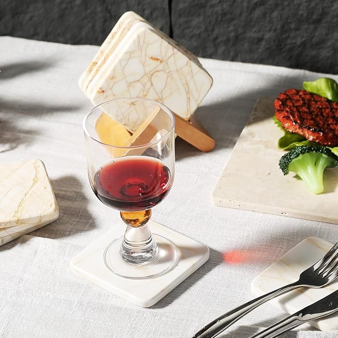 Koville Marble Coasters Set of 5, Square Coasters with Holder for Drinks, 4" Cup Coaster for Coffee Table Home Office Bar Decor, Heat Resistant Decorative Drink Coaster (White&Gold)