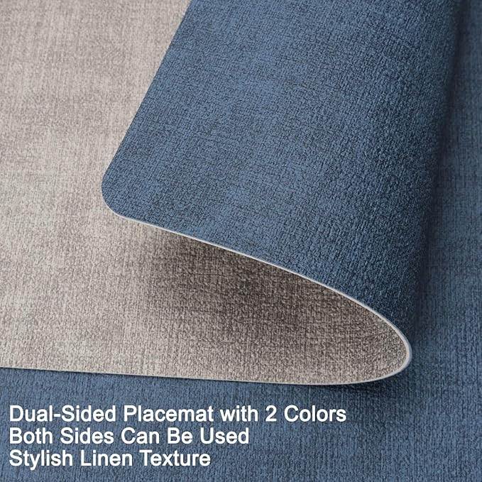 Myir JUN Reversible Vinyl Placemats Set of 8, Faux Leather Place Mats Dual Sided Waterproof Wipeable, Heat-Resistant Table Mats for Kitchen Dining Indoor Outdoor (12" x 17", Light Gray Navy Blue)